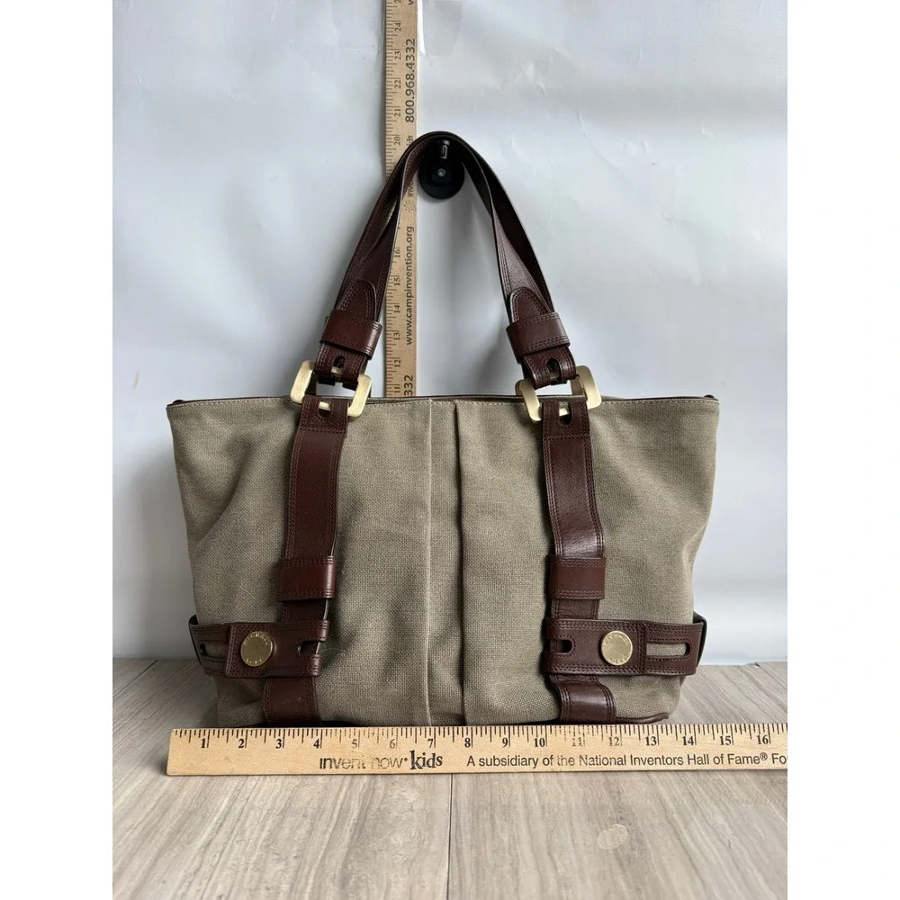 Vintage Michael Kors Canvas Leather Harness Tote Bag Beige Brown Boho Equestrian - Picture 9 of 12